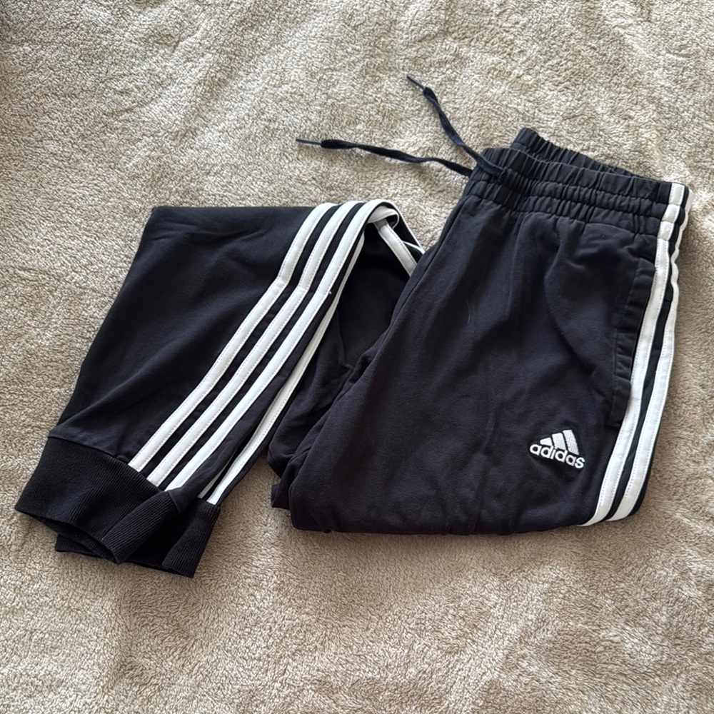 Adidas Black and White Sweatpants with Iconic Stripes: small